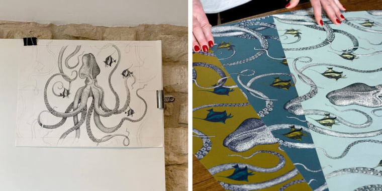 Entstehung der Tapete Octopoda von Josephine Munsey von der Skizze bis zur Tapete 