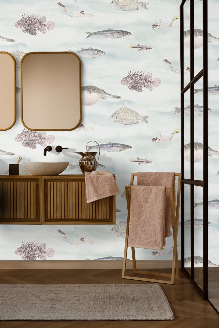 Bathroom by Westwing with Classic Fish wallpaper by Sian Zeng